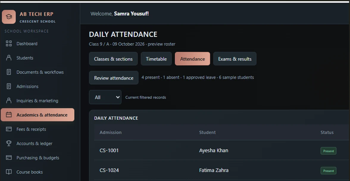 School ERP daily attendance
